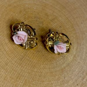Vintage Ceramic Pink Rose Gold Colored Earrings